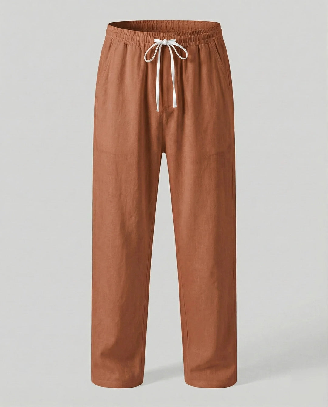 Brown Men's Linen Pants with Drawstring Waist - Flat Style