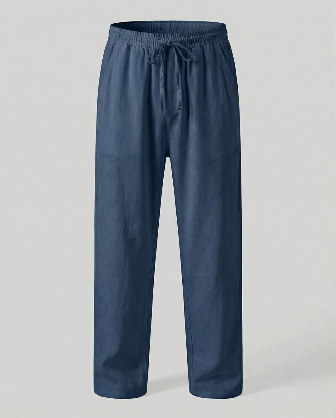 Navy Blue Men's Linen Pants with Drawstring Waist - Studio White