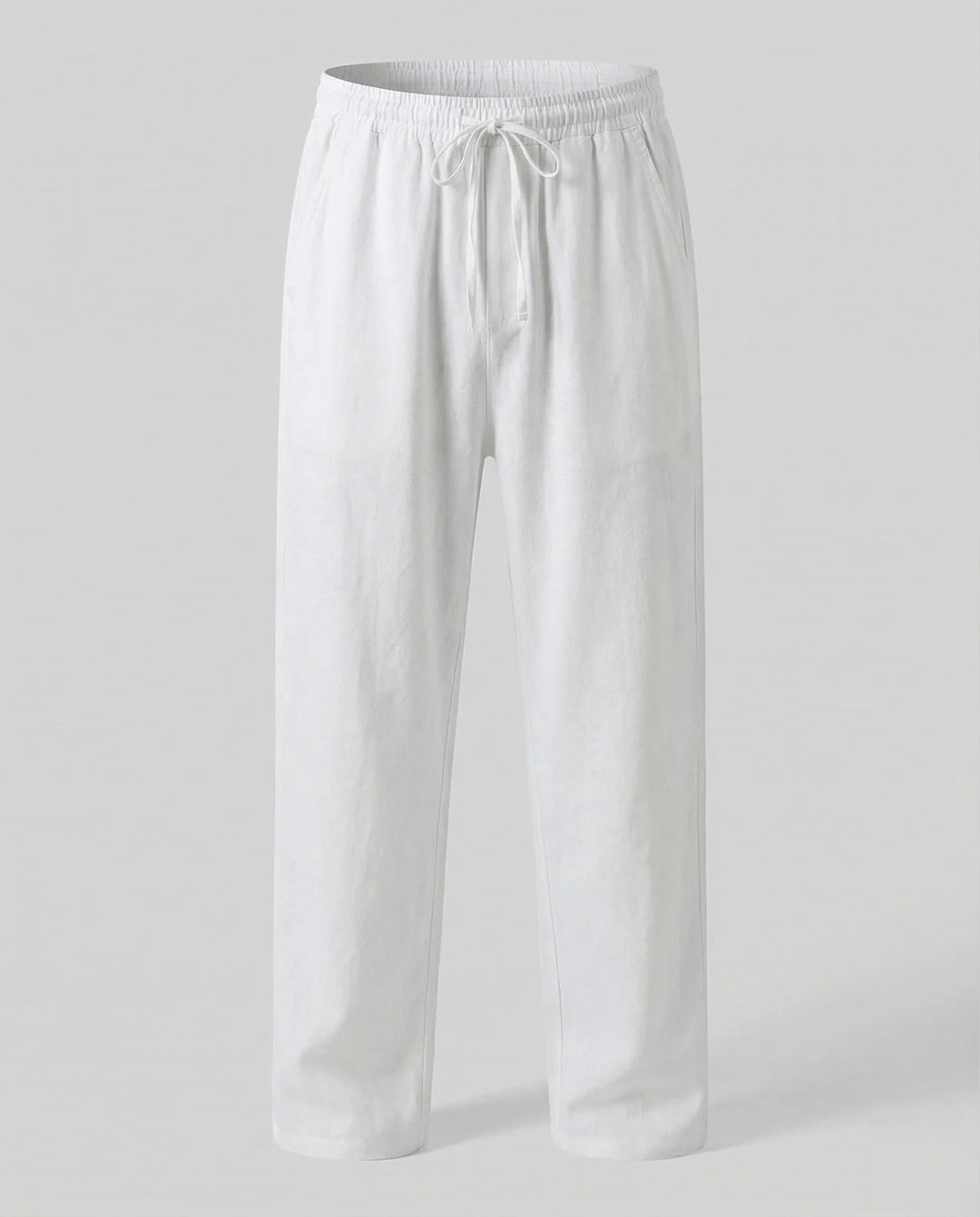 White Men's Linen Pants with Drawstring Waist - Flat Lay