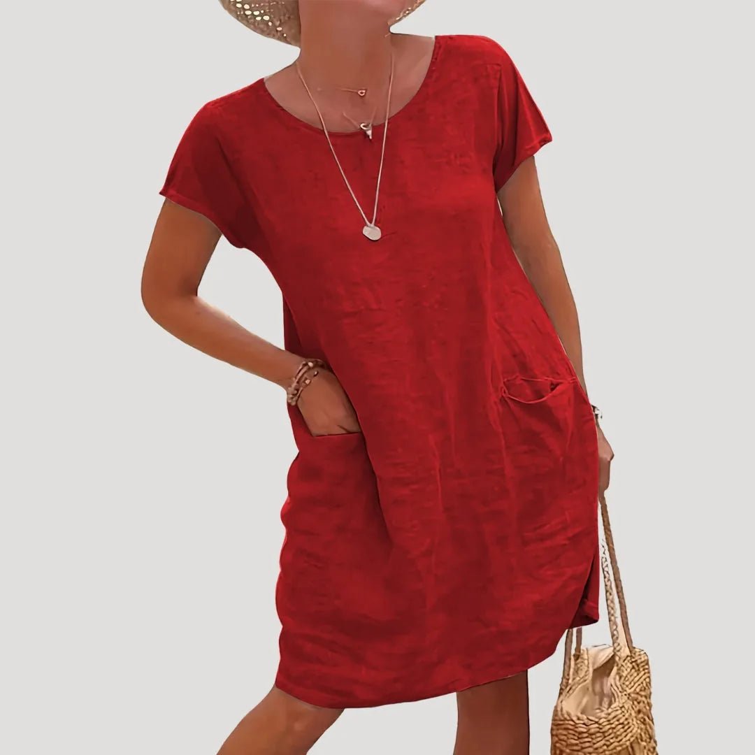 Eloise | Effortless Beach Dress with Short Sleeves and Pockets - Red - 3