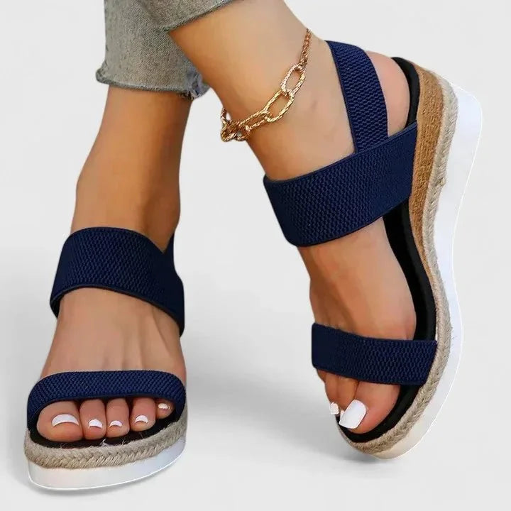 Navy Blue Women's Platform Sandals — Chelsea Elastic Band Espadrille - Three Quarter