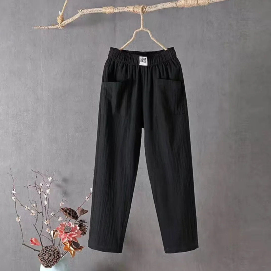 Black Women's Elastic Waist Pants with Pockets — Camille Linen Breathable Casual - Front Display