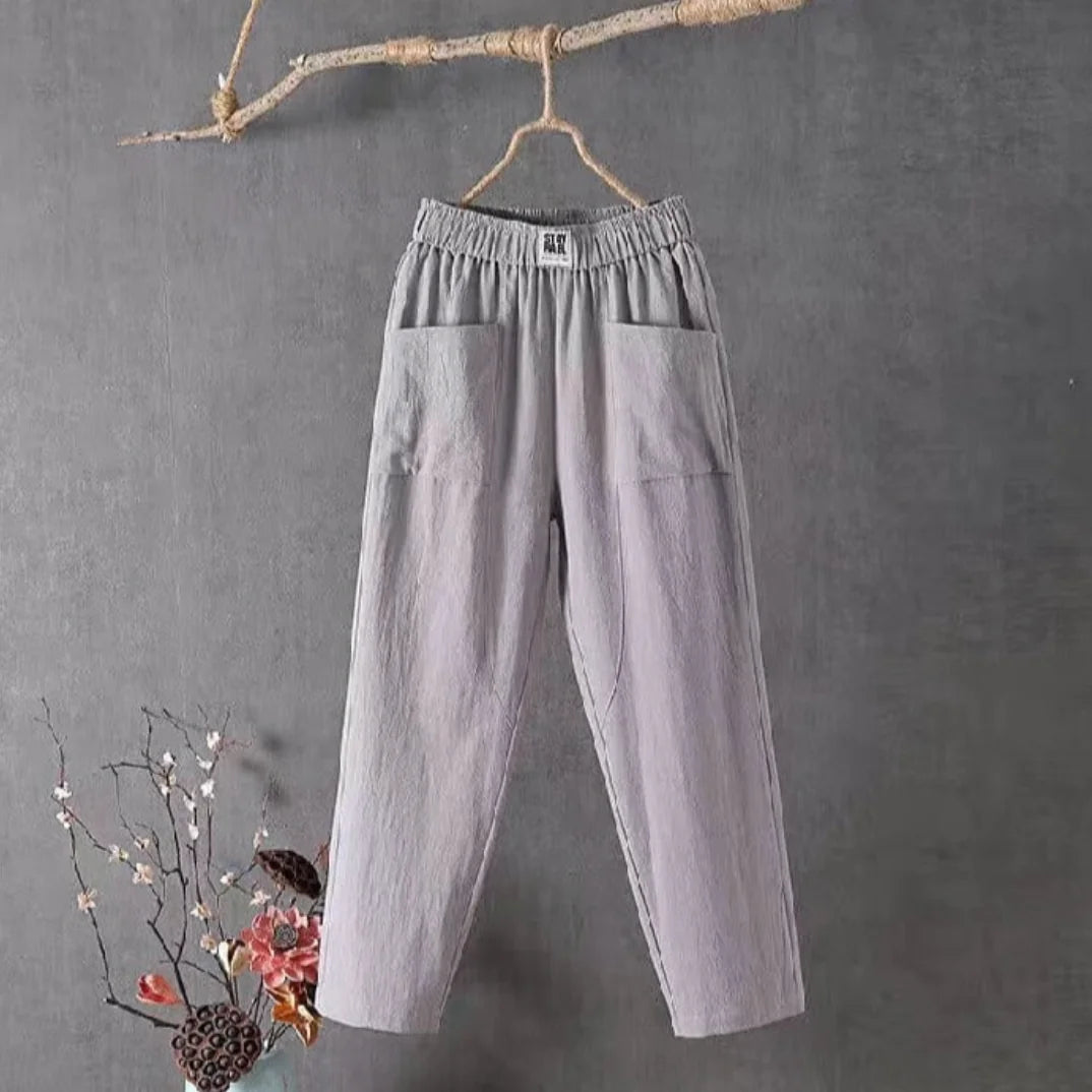 Gray Women's Elastic Waist Pants with Pockets — Camille Linen Breathable Casual - Front Studio
