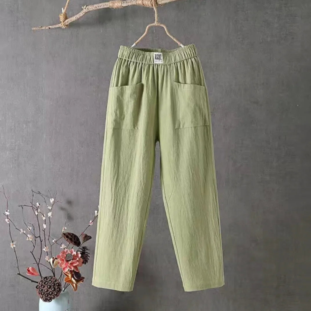 Green Women's Elastic Waist Pants with Pockets — Camille Linen Breathable Casual - Front Full