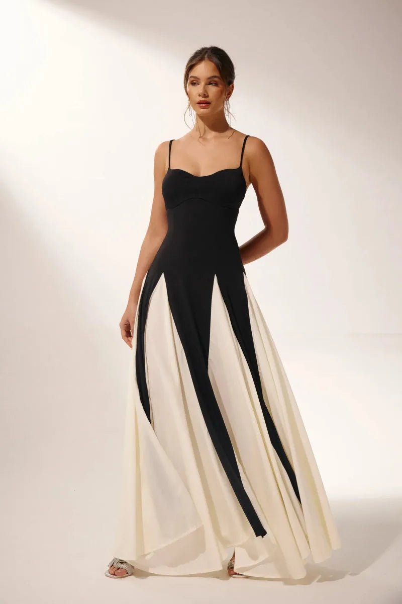 Aria | Elegant Color Block Maxi Slip Dress With Sweetheart Neckline - Black - 8