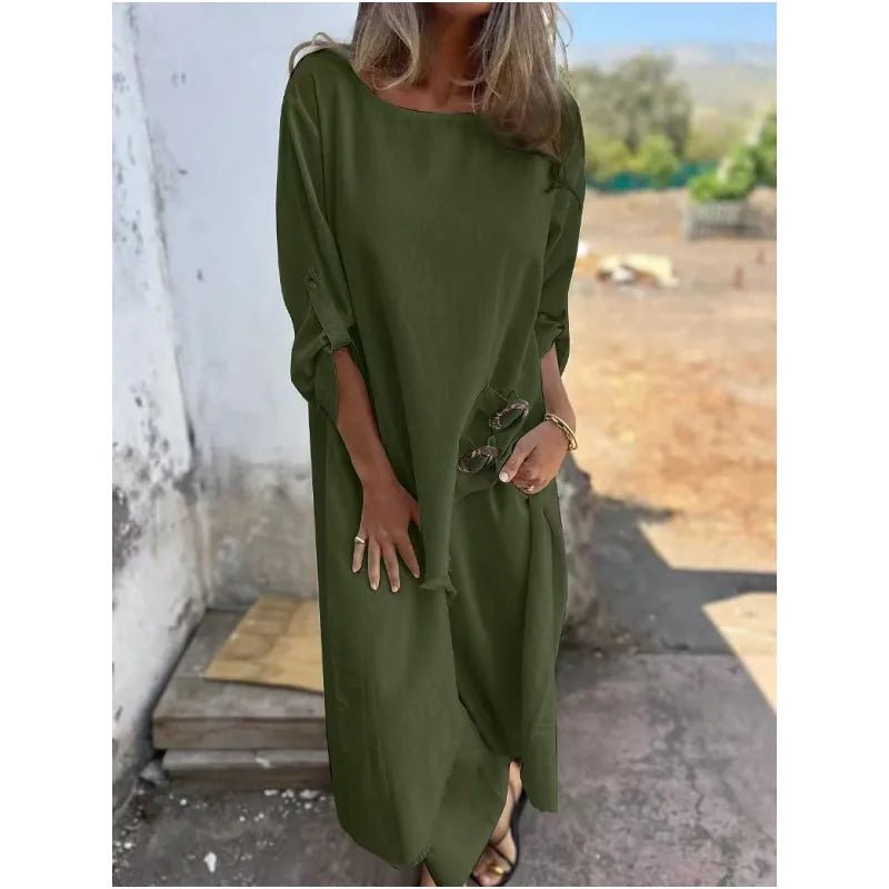 Aurora | Elegant Navy Cotton Linen Maxi Dress With Three Quarter Sleeves - Green - 6
