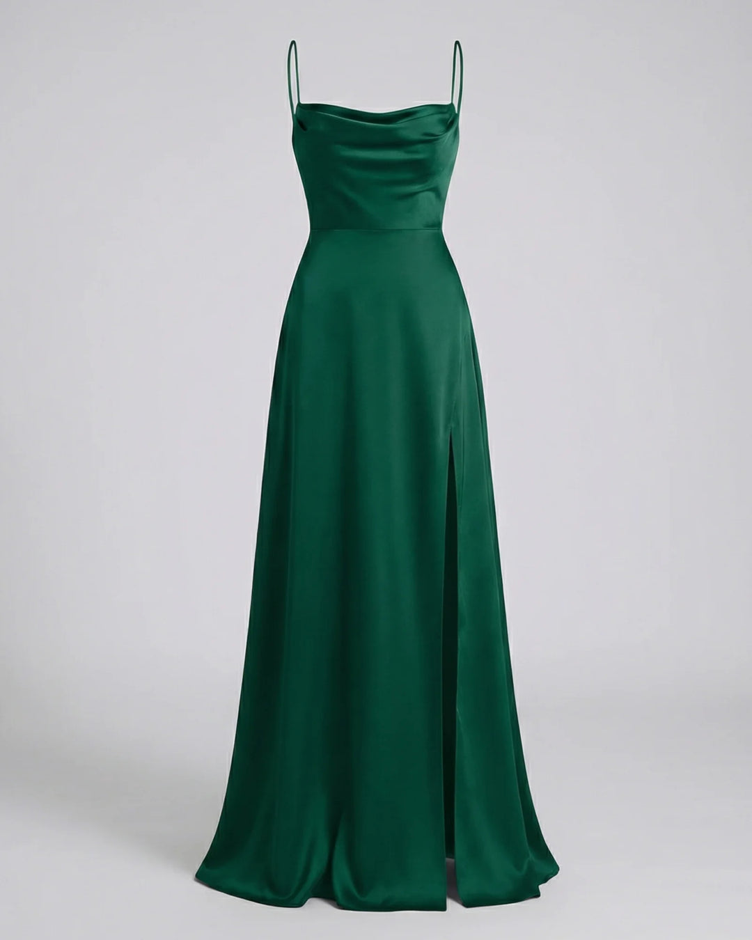 Green Women's Elegant Cowl Neck Maxi Dress — Freya Leg Slit Satin - Formal Front
