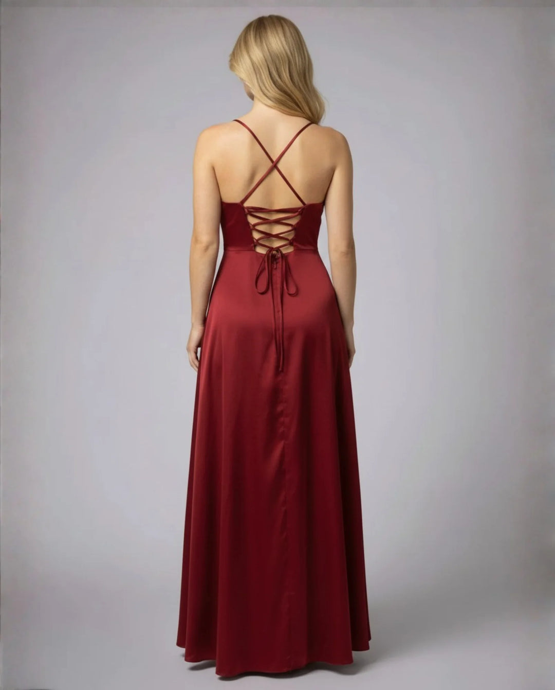 Red Women's Elegant Cowl Neck Maxi Dress — Freya Leg Slit Satin - Back Detail
