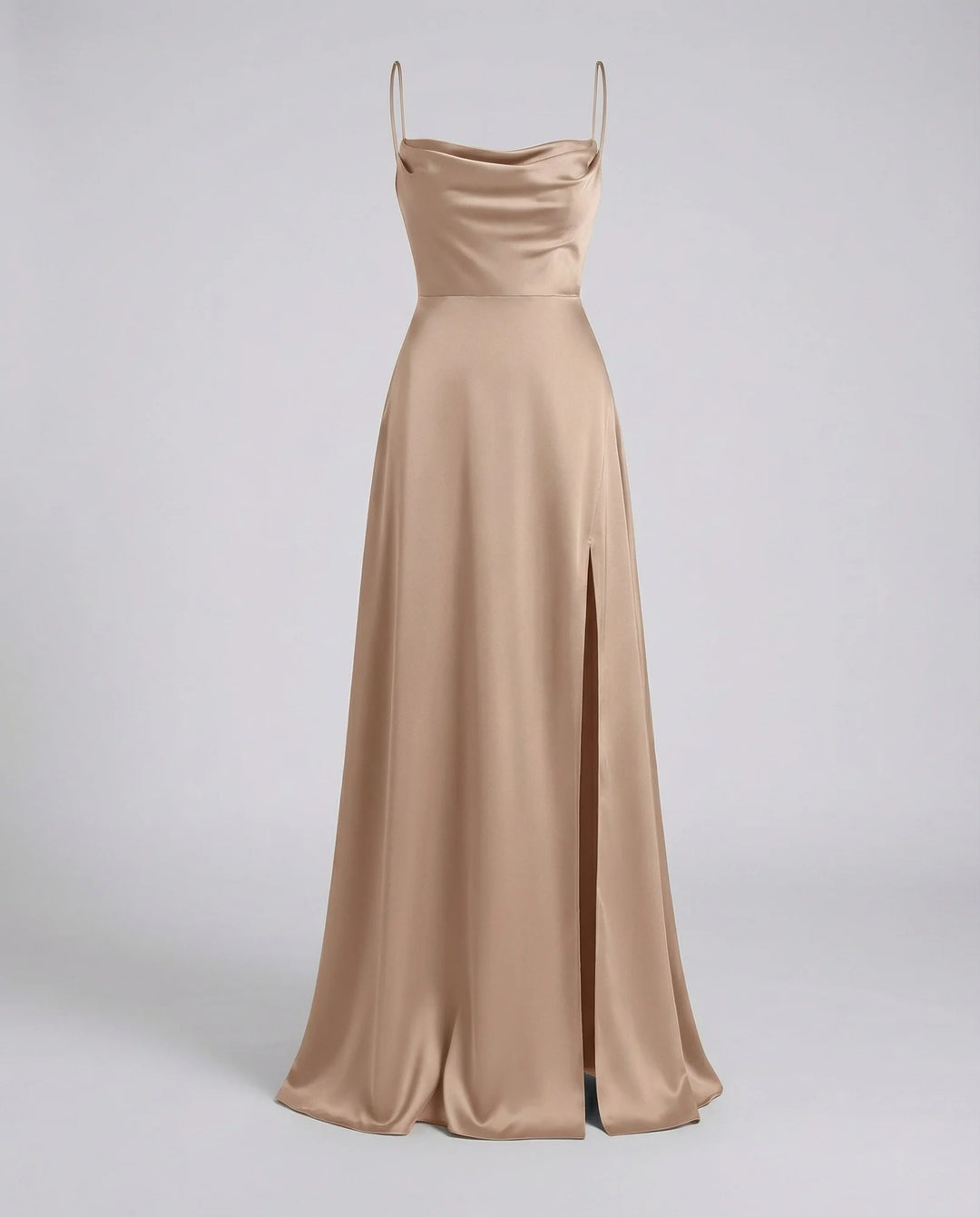 Tan Women's Elegant Cowl Neck Maxi Dress — Freya Leg Slit Satin - Neutral Front