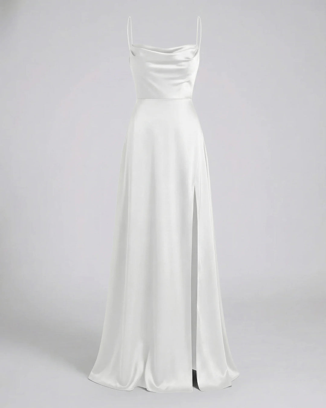White Women's Elegant Cowl Neck Maxi Dress — Freya Leg Slit Satin - Classic Pose