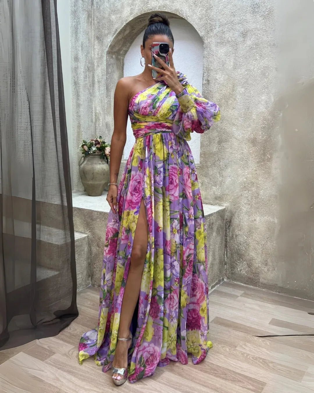Isla | Elegant Floral One Shoulder Maxi Wedding Guest Dress - Purple - 1