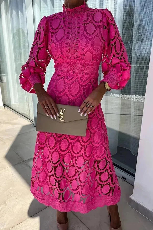 Hot Pink Women's White Lace Dress — Celeste High Neck Long Sleeve - Close Up Detail