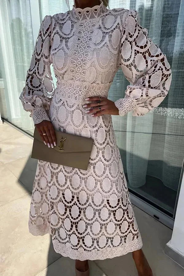 Light Pink Women's White Lace Dress — Celeste High Neck Long Sleeve - Side View