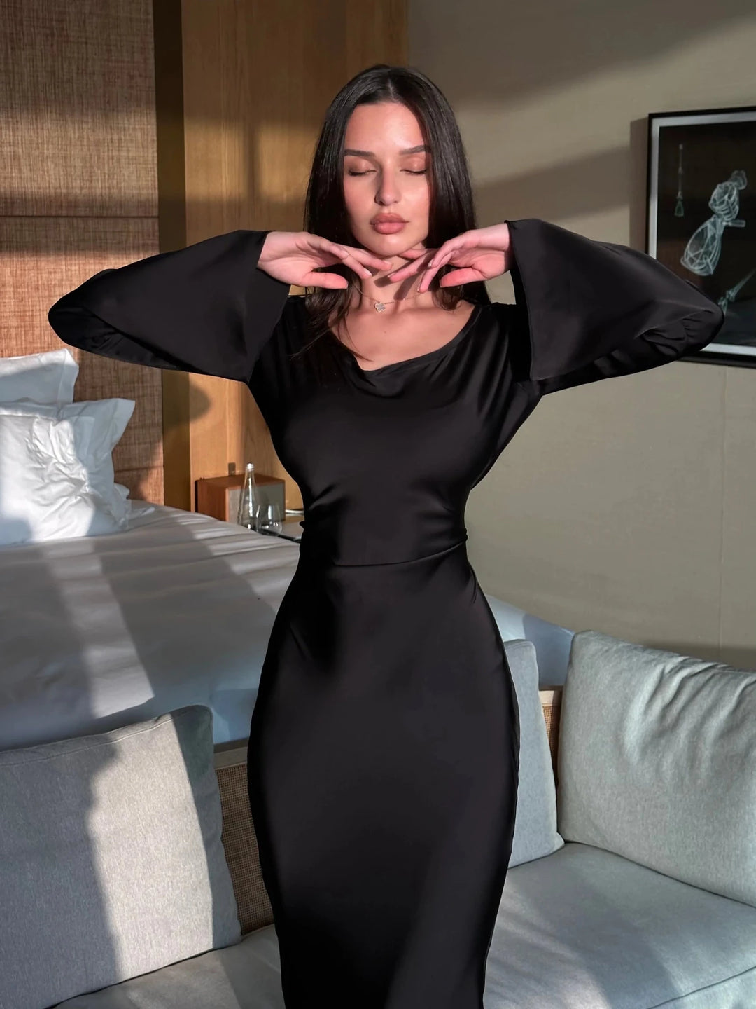 Sophia | Elegant Long Sleeve V - Neck Maxi Dress - Black - 17