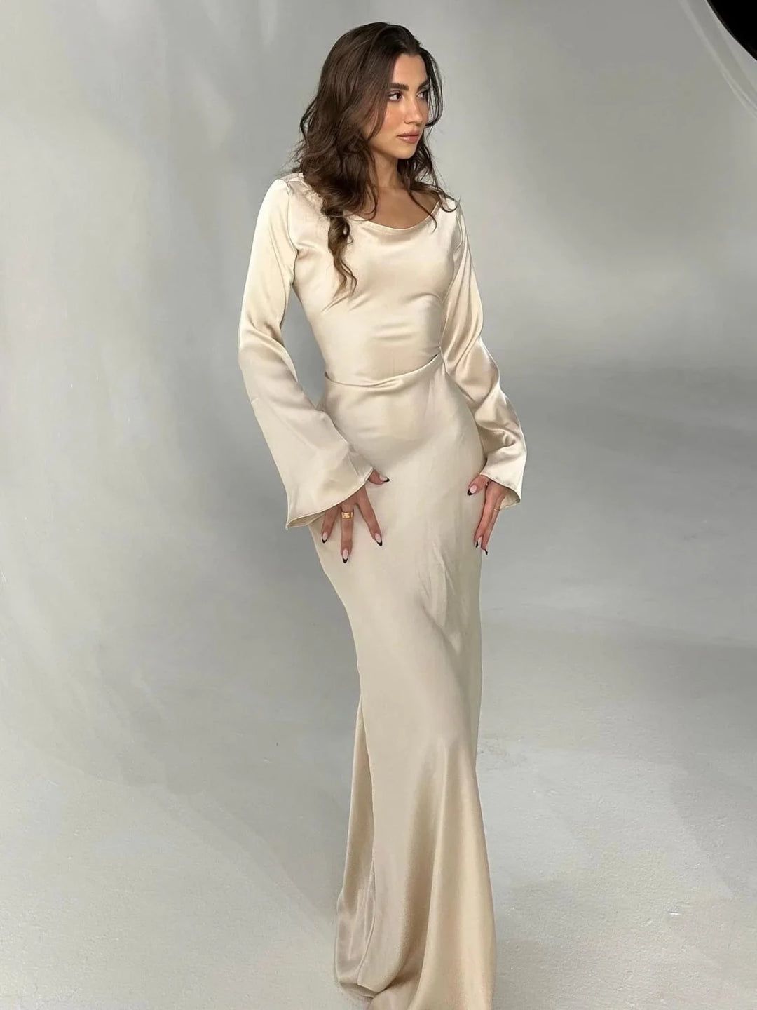 Sophia | Elegant Long Sleeve V - Neck Maxi Dress - Beige - 20
