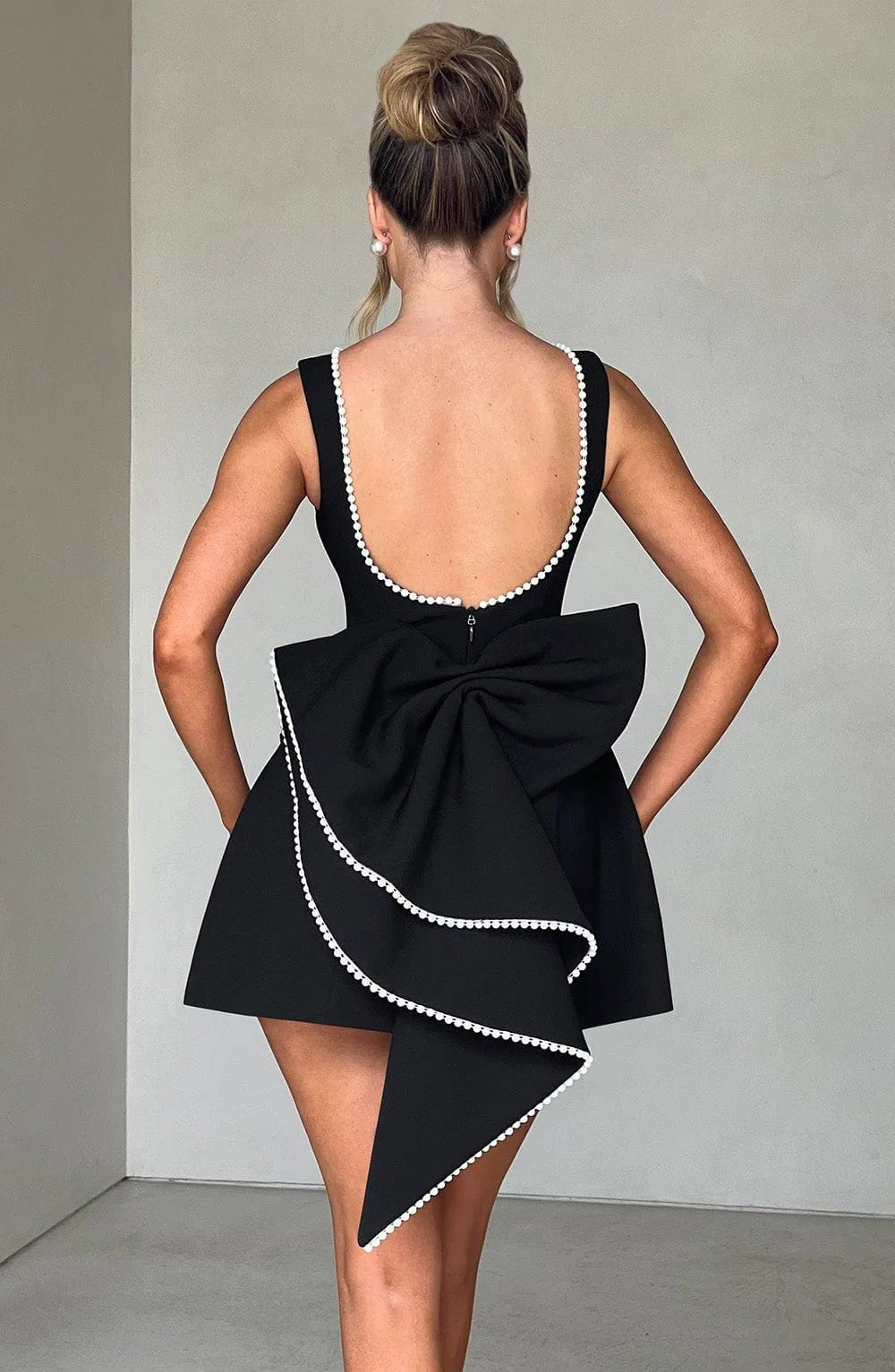 Violet | Elegant Pearl Trim Black and White Dress with Bow - Black - 3