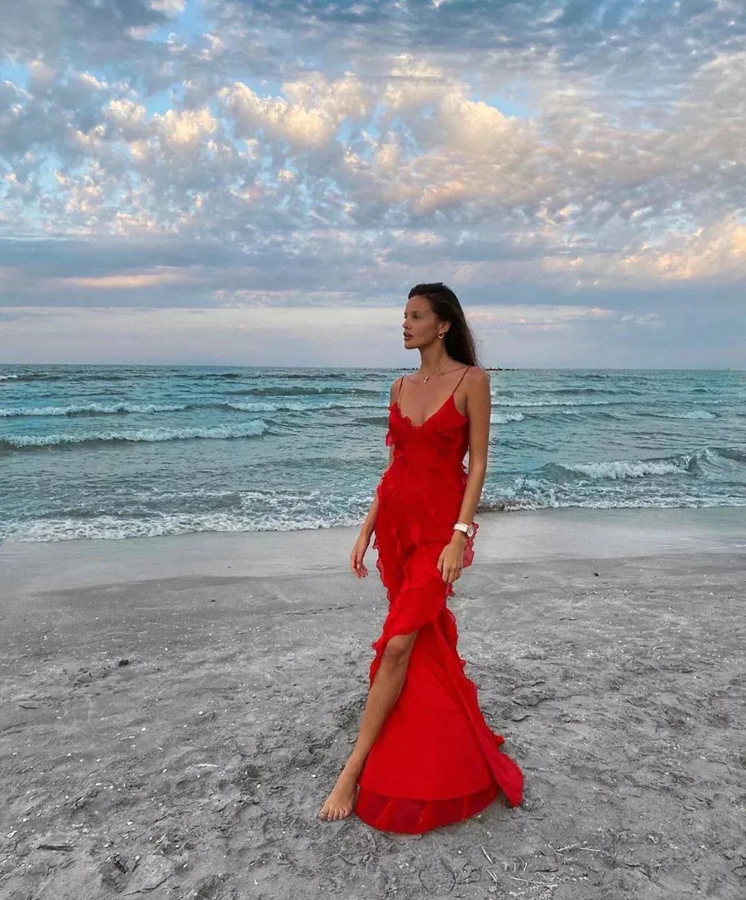 Grace | Elegant Ruffle Backless Maxi Dress with V - Neck - Red - 5