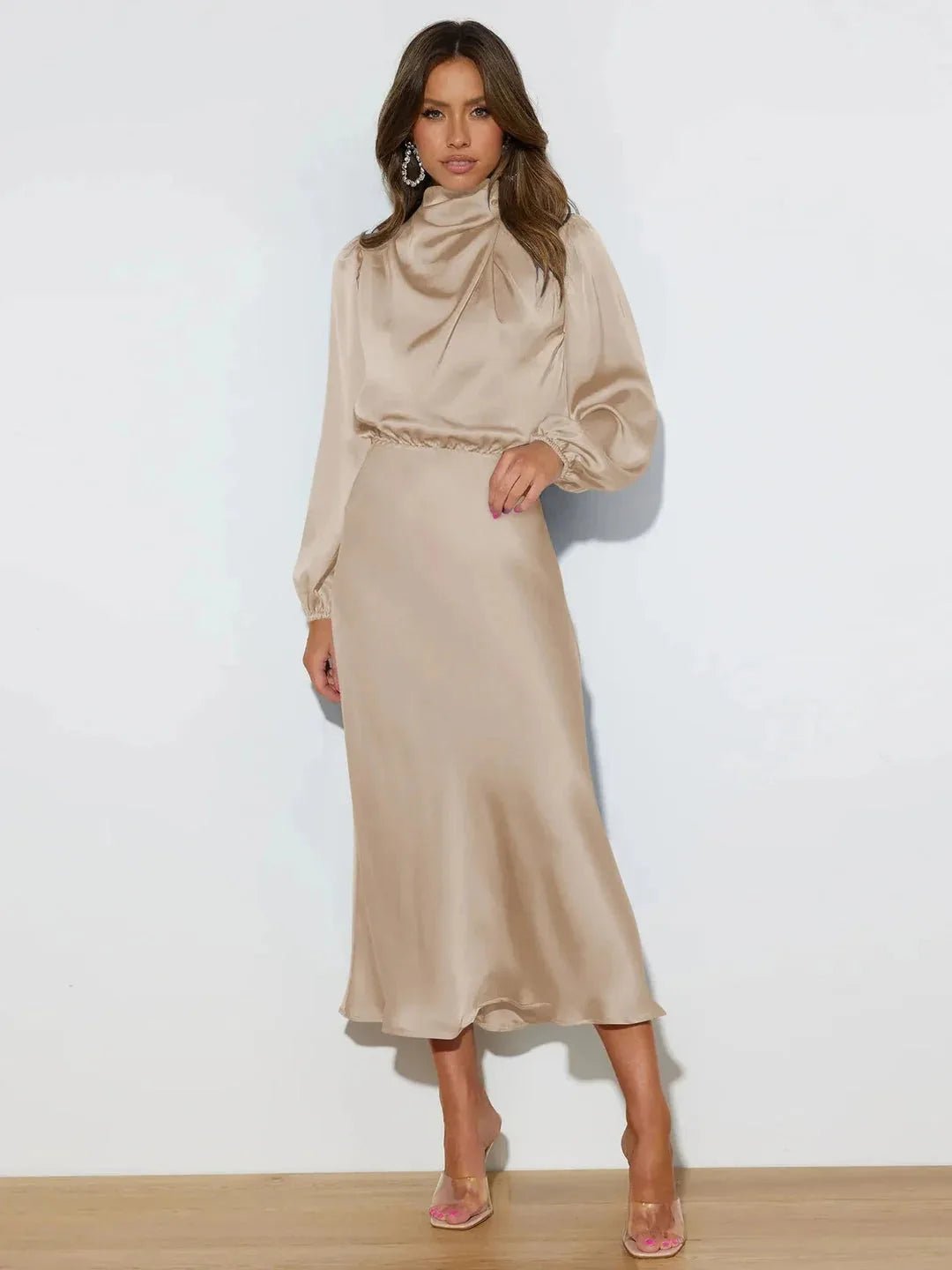 Rhea | Elegant Satin Draped High Neck Long Sleeve Midi Dress - Beige - 3