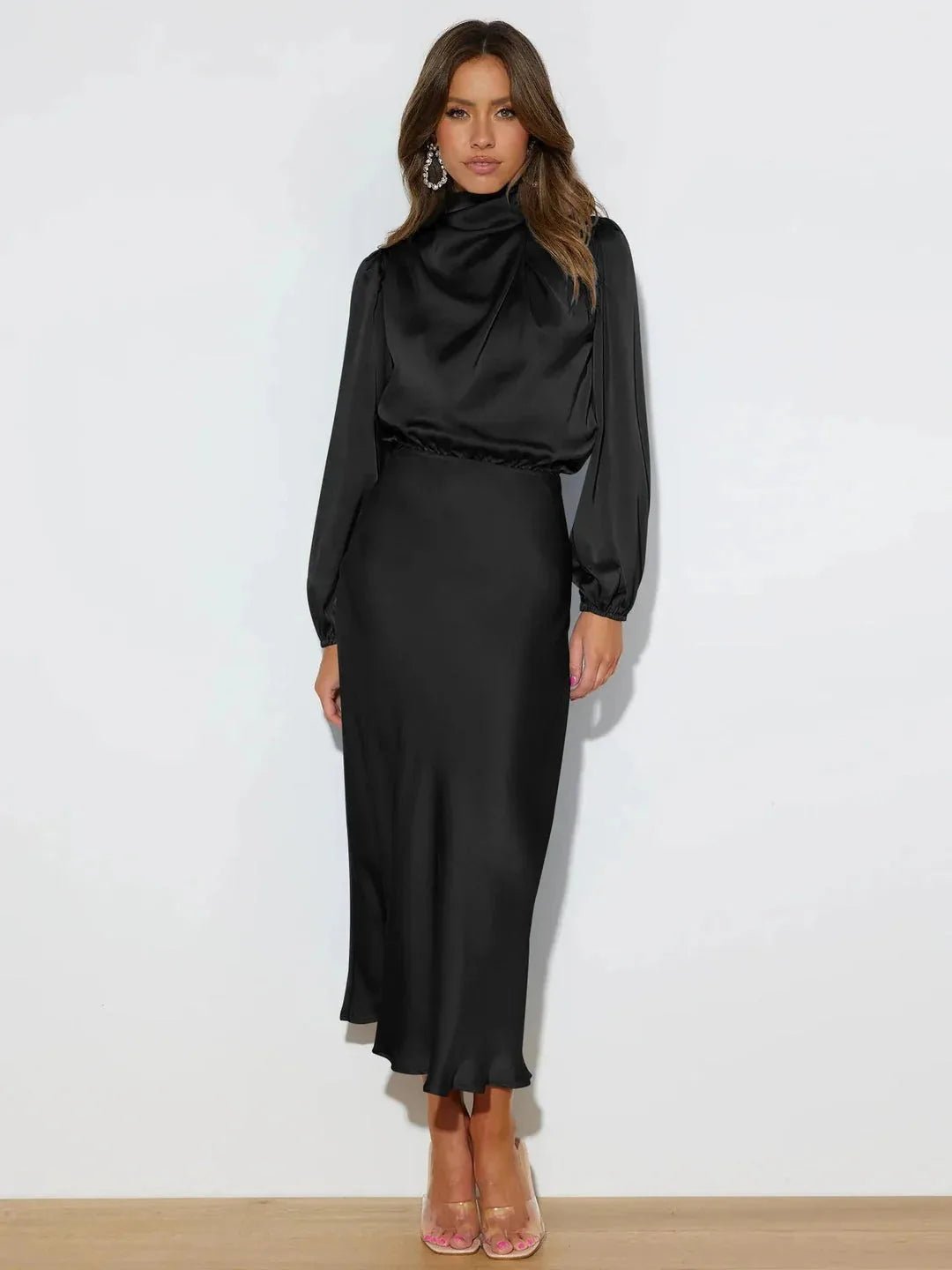 Rhea | Elegant Satin Draped High Neck Long Sleeve Midi Dress - Black - 1