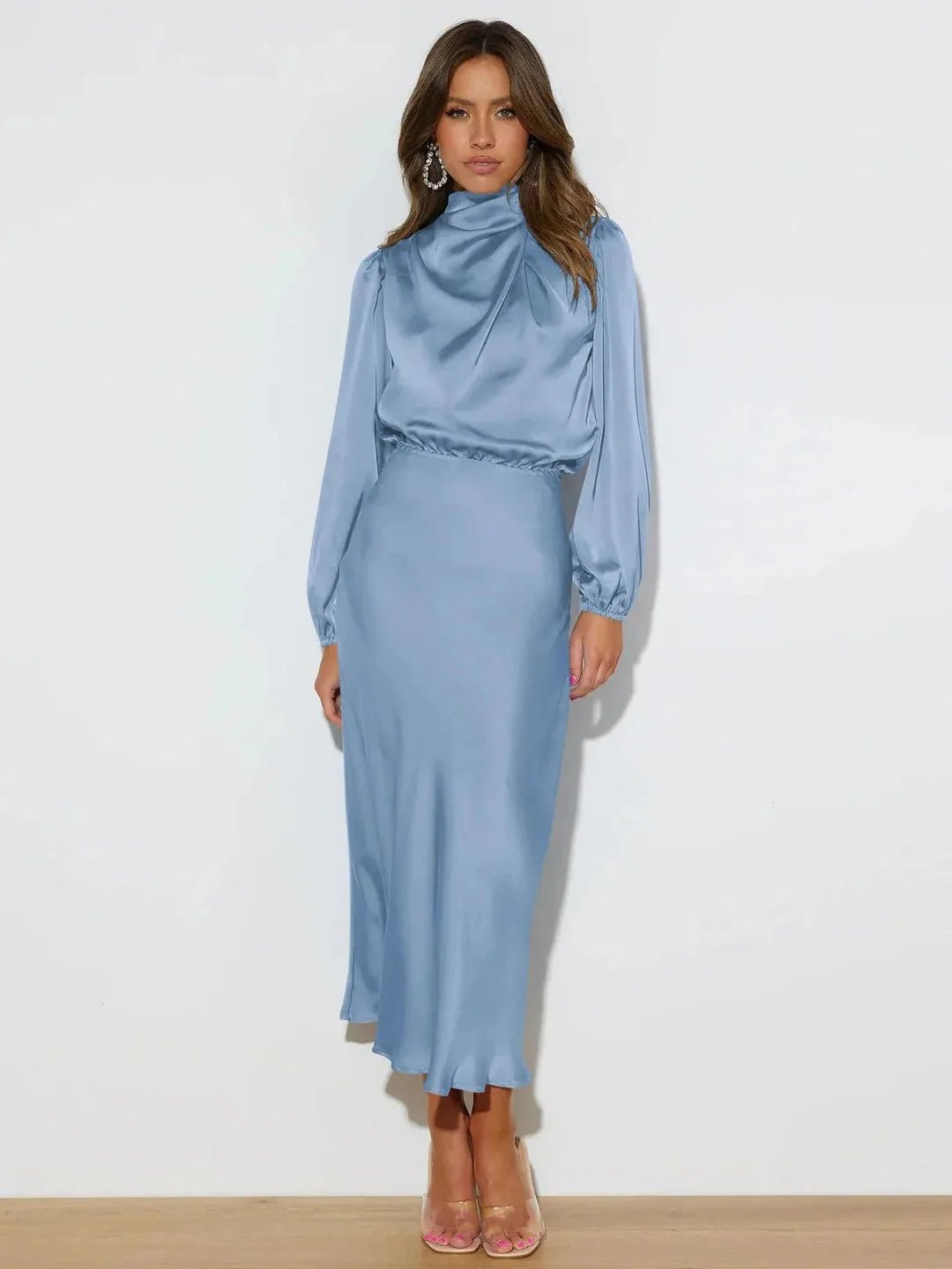 Rhea | Elegant Satin Draped High Neck Long Sleeve Midi Dress - Light Blue - 7