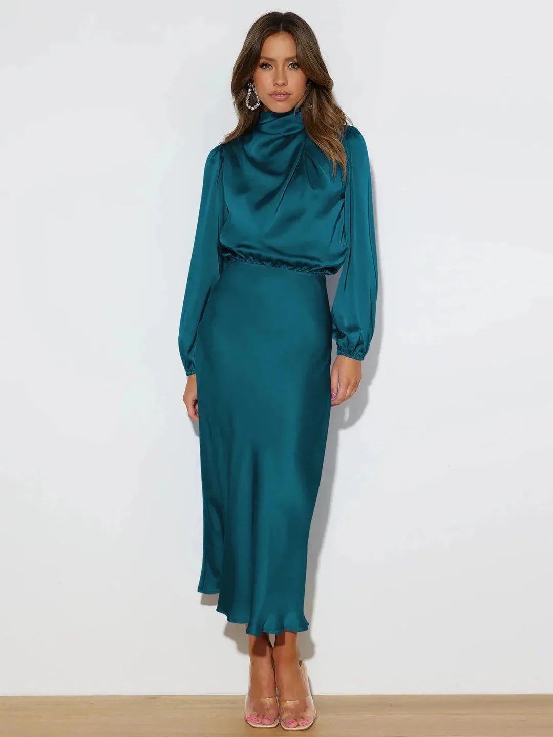 Rhea | Elegant Satin Draped High Neck Long Sleeve Midi Dress - Teal - 6