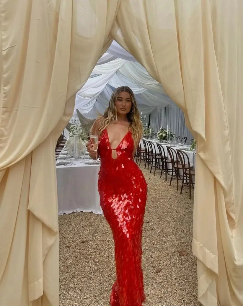 Alba | Sybil Elegant Red Sequin V - Neck Mermaid Gown - Red - 7