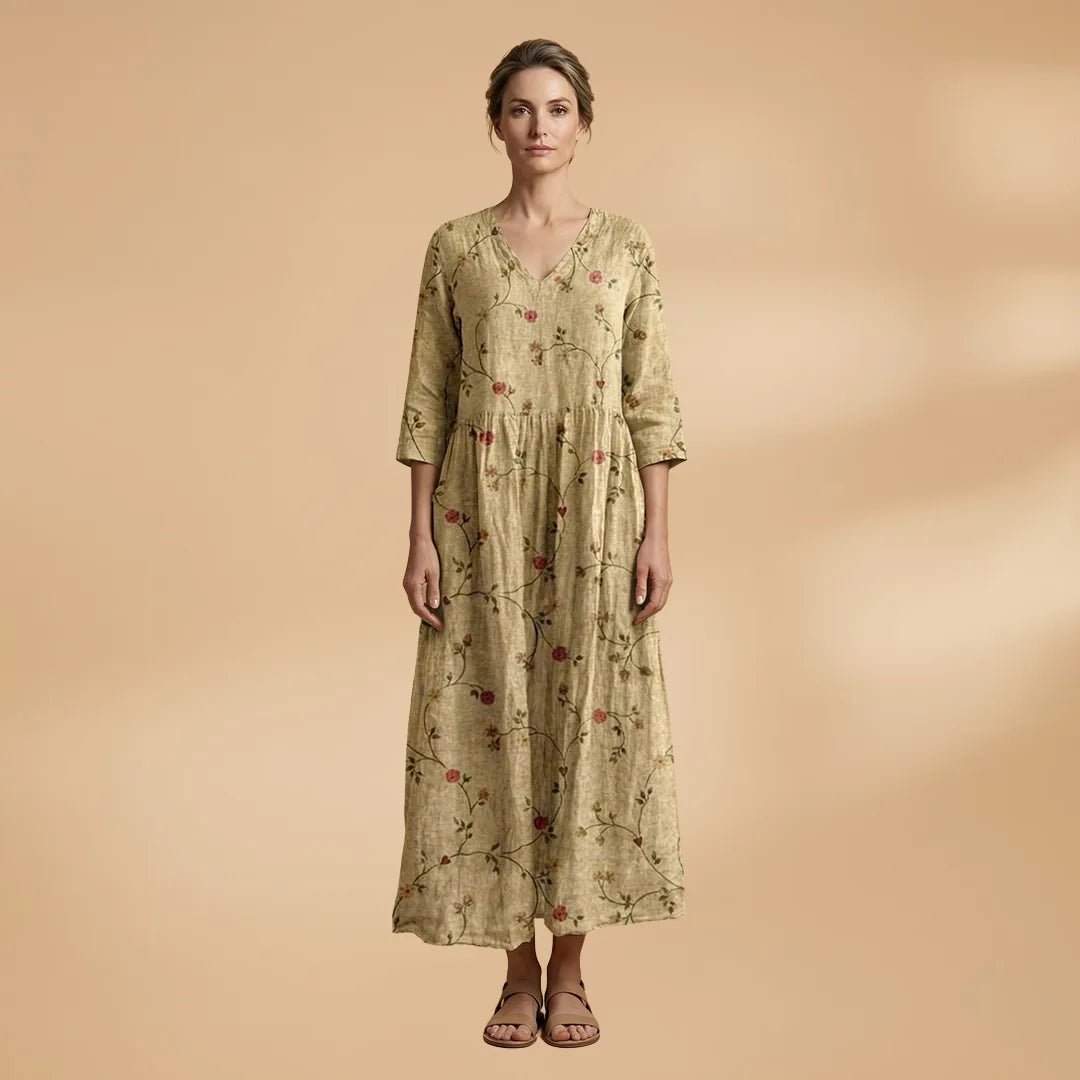 Hazel | Elegant Summer Dress with V - Neck and Floral Print - Beige - 7