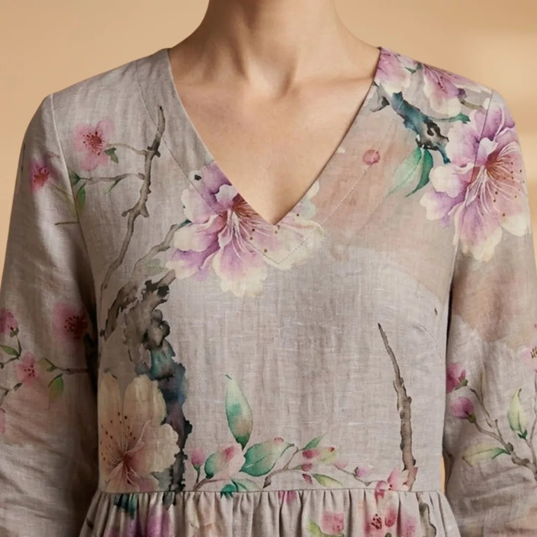 Hazel | Elegant Summer Dress with V - Neck and Floral Print - Gray - 6