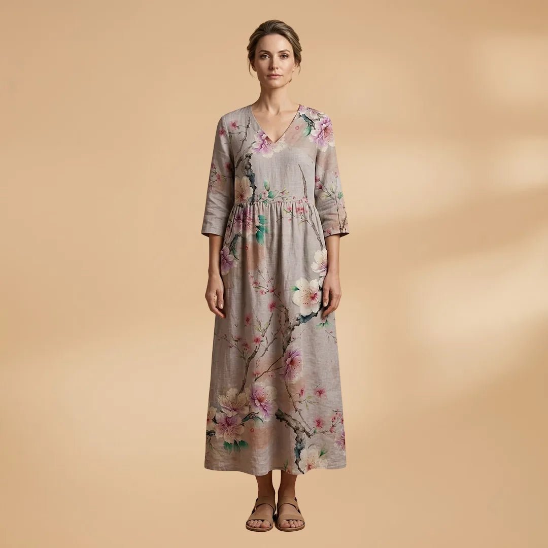 Hazel | Elegant Summer Dress with V - Neck and Floral Print - Gray - 2
