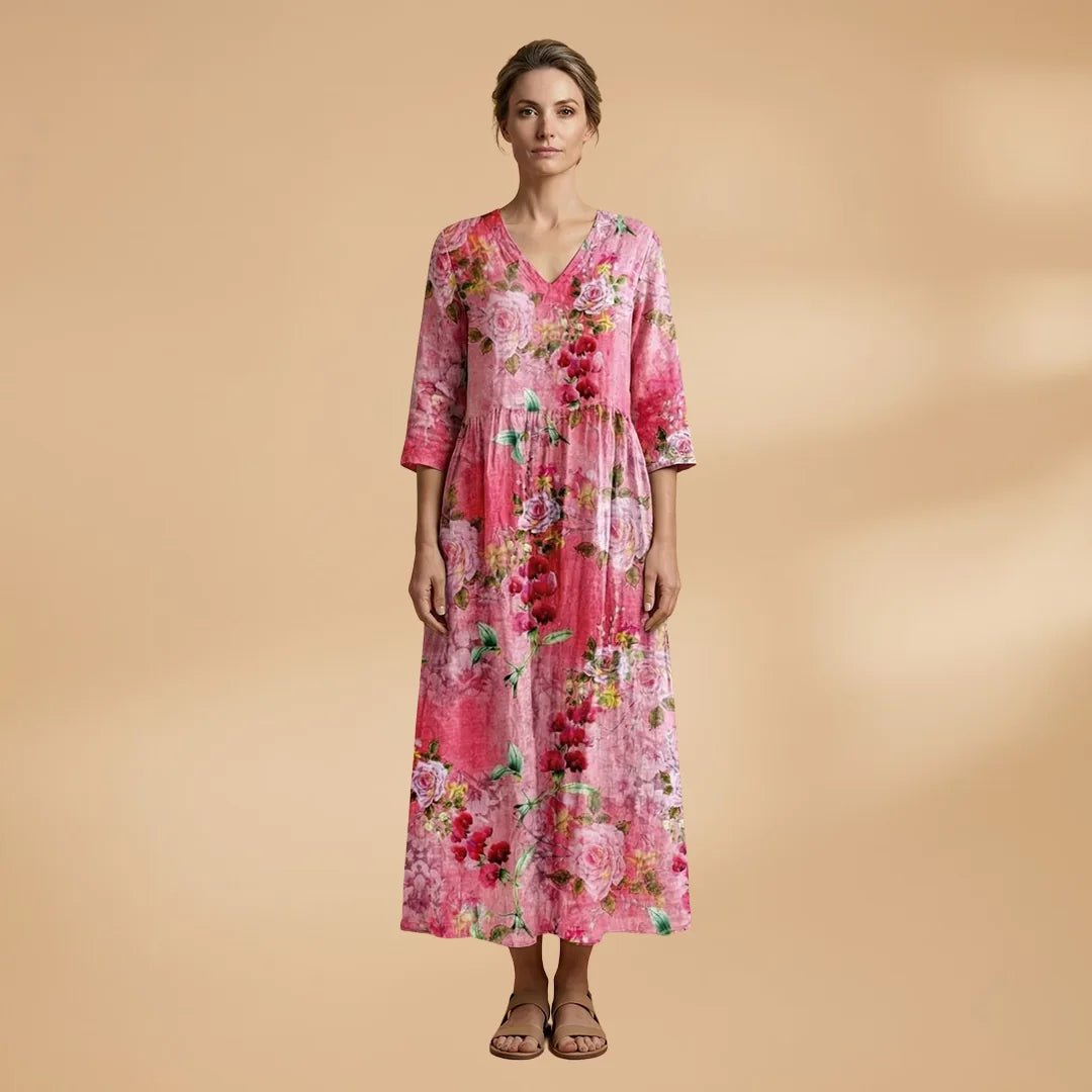 Hazel | Elegant Summer Dress with V - Neck and Floral Print - Pink - 8