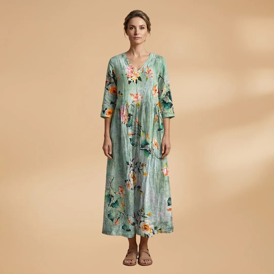 Hazel | Elegant Summer Dress with V - Neck and Floral Print - Sage - 14