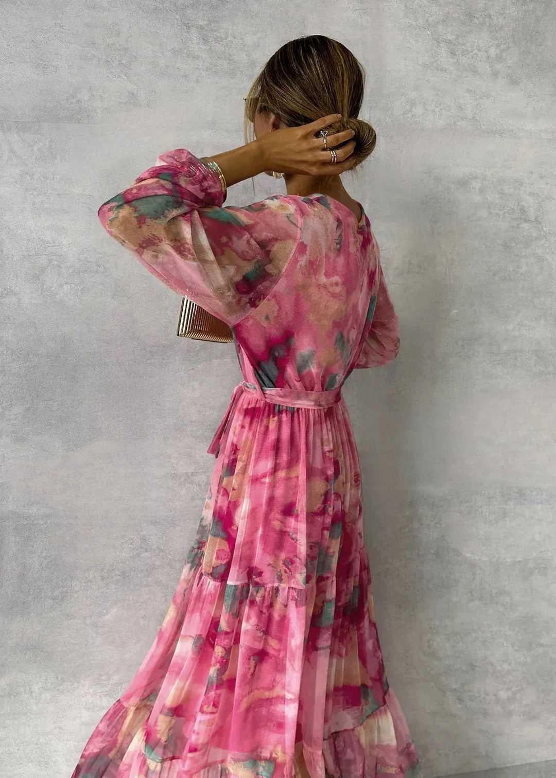 Aria | Elegant Tiered V - Neck Floral Maxi Dress With Wrap Silhouette - Floral - 4