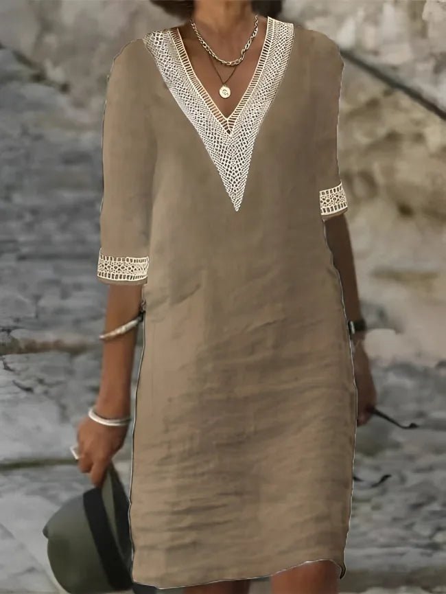 Lucy | Elegant V - Neck Crochet Detail White Summer Dress - Beige - 5