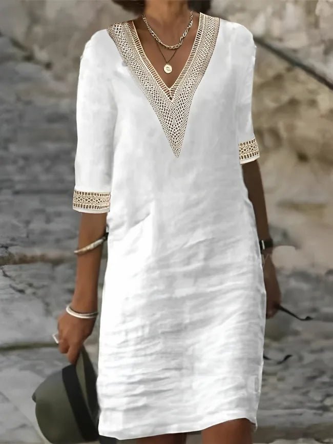 Lucy | Elegant V - Neck Crochet Detail White Summer Dress - White - 1