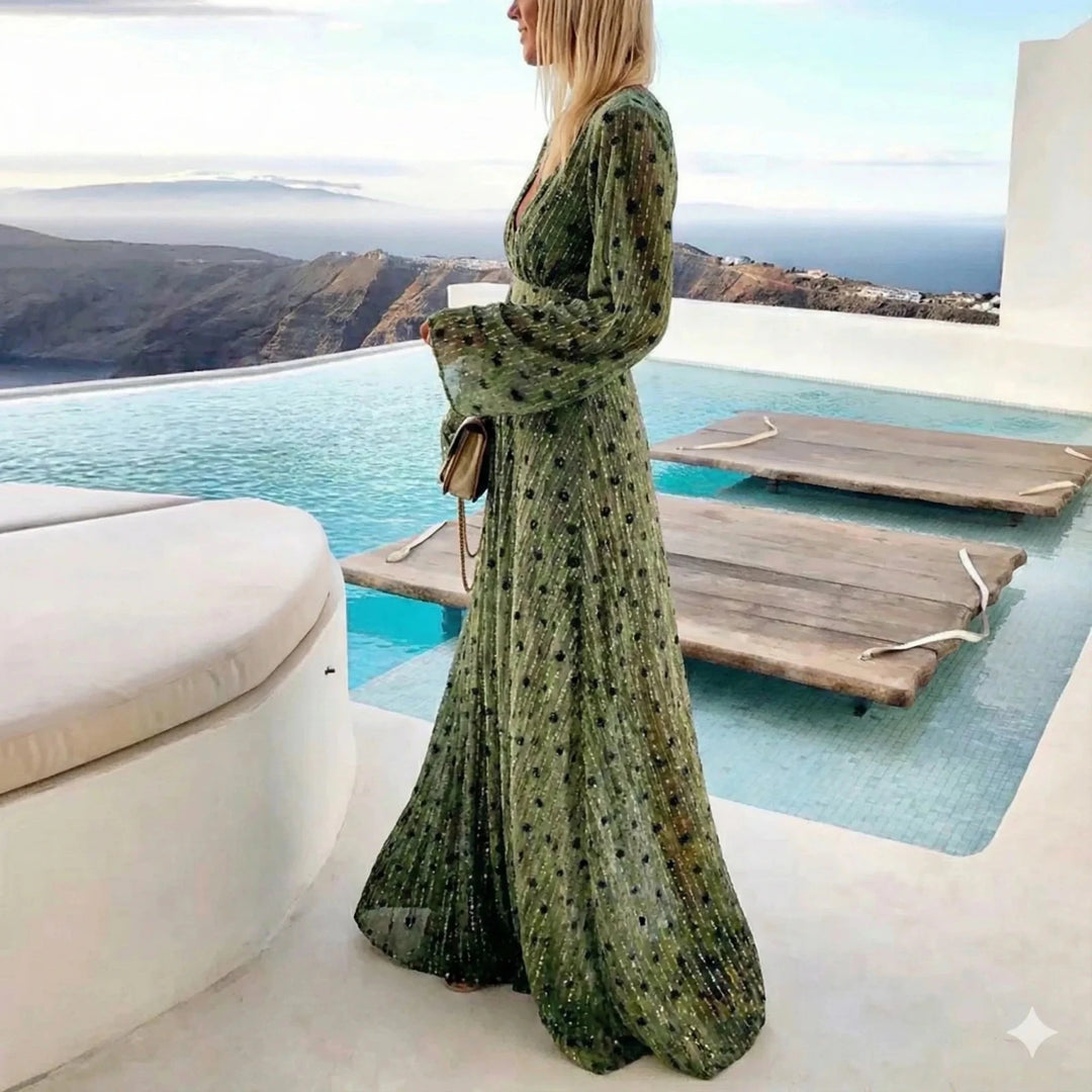 Chloe | Elegant V - Neck Dotted Maxi Dress With Long Sleeves - Green - 2