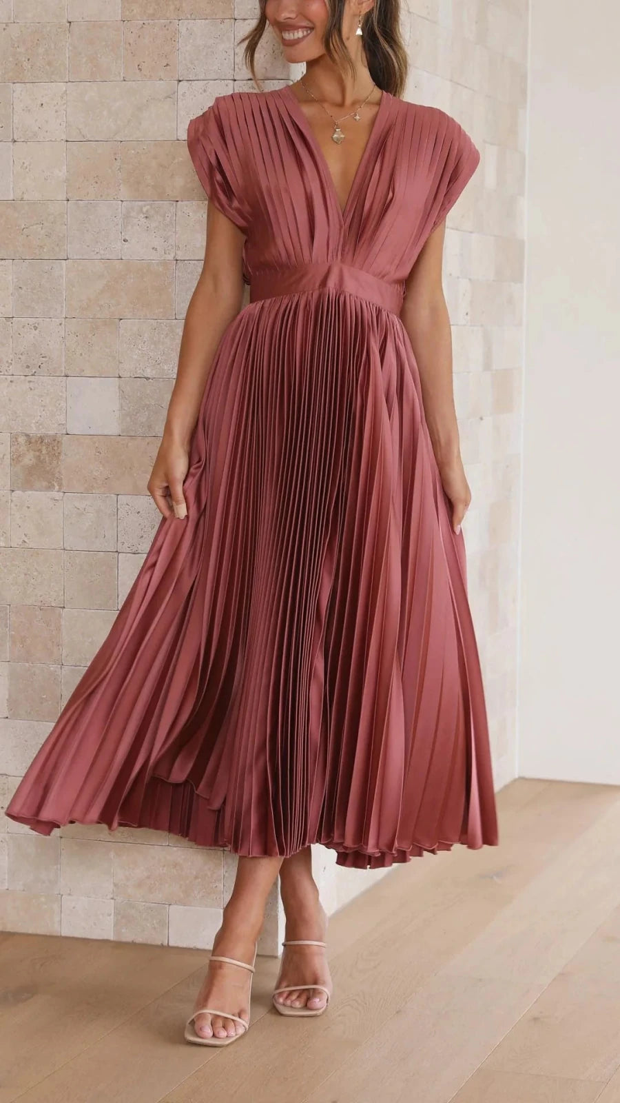 Thea | Elegant V - Neck Pleated Maxi Dress - Burgundy - 3