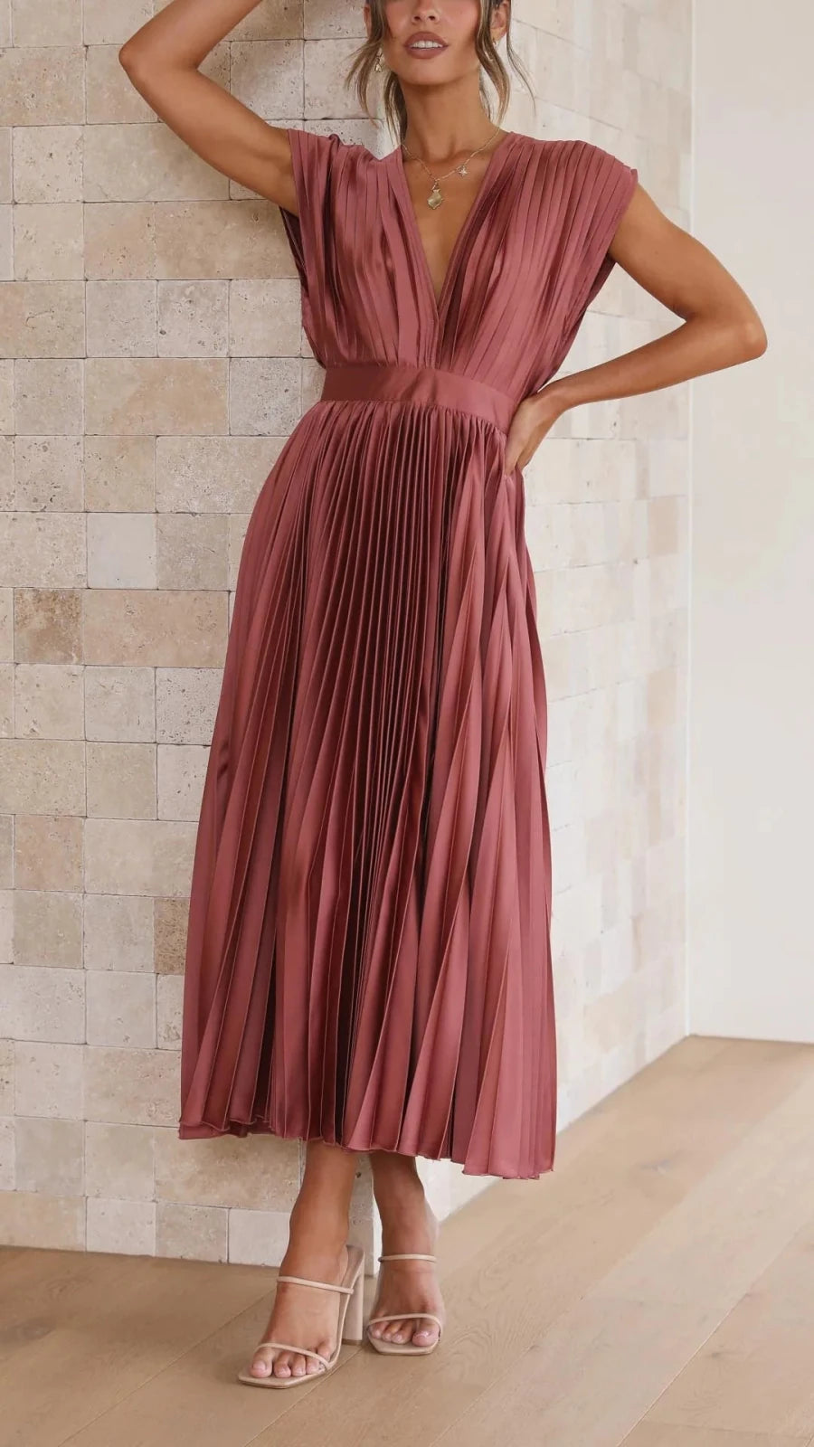 Thea | Elegant V - Neck Pleated Maxi Dress - Burgundy - 2
