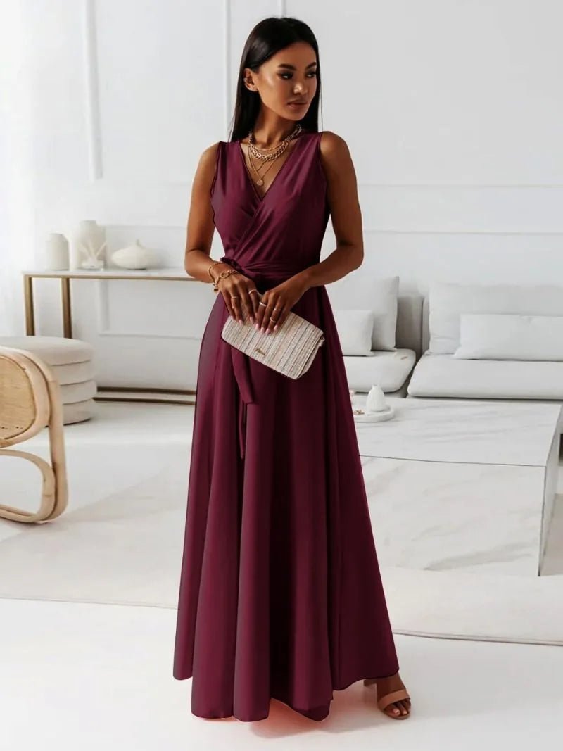 Scarlett | Elegant V - Neck Sleeveless Wrap Maxi Dress - Burgundy - 3