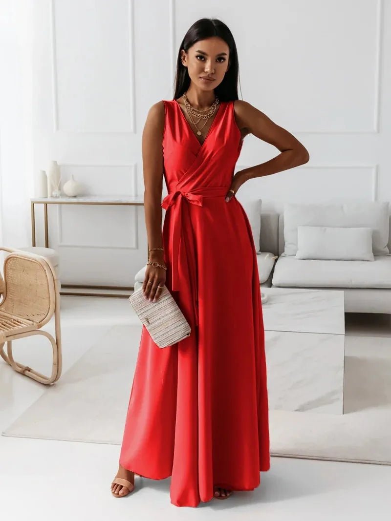 Scarlett | Elegant V - Neck Sleeveless Wrap Maxi Dress - Red - 4