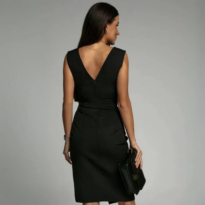Zoe | Elegant V - Neck Wrap Midi Dress With Pleated Detail - Black - 13