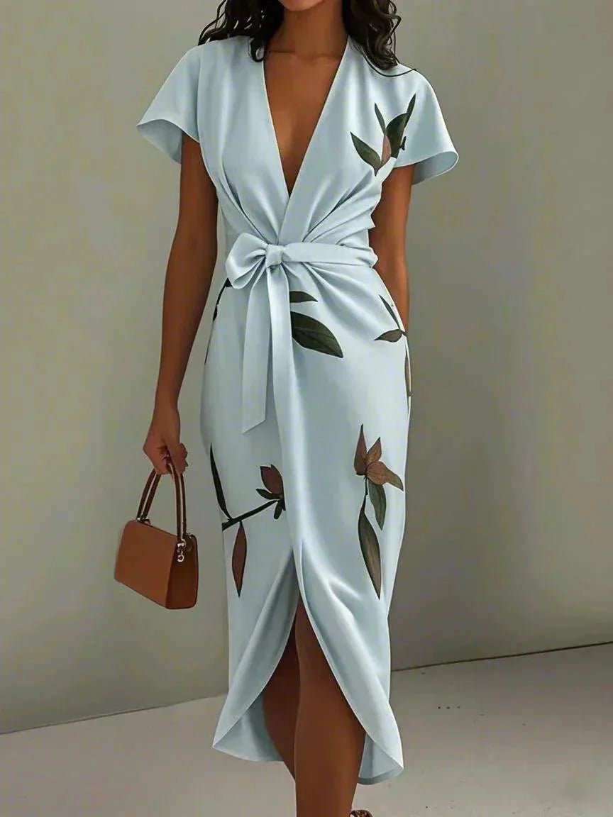 Harriet | Elegant V - Neck Floral Wrap Midi Dress - Light Blue - 2