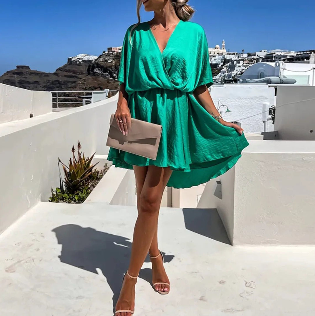 Iris | Elegant V - Neck Wrap Mini Dress - Green - 7