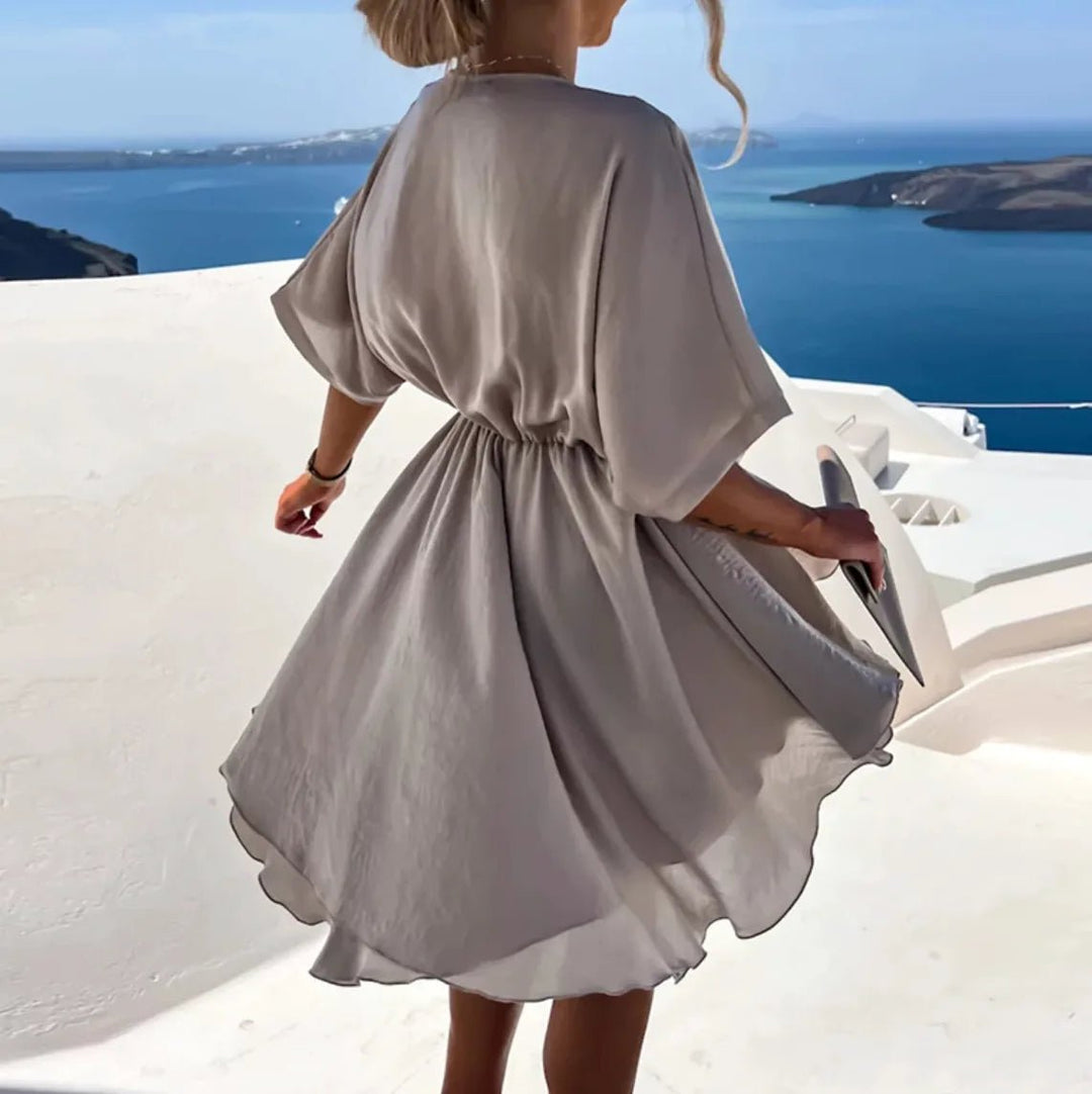 Iris | Elegant V - Neck Wrap Mini Dress - Light Gray - 2
