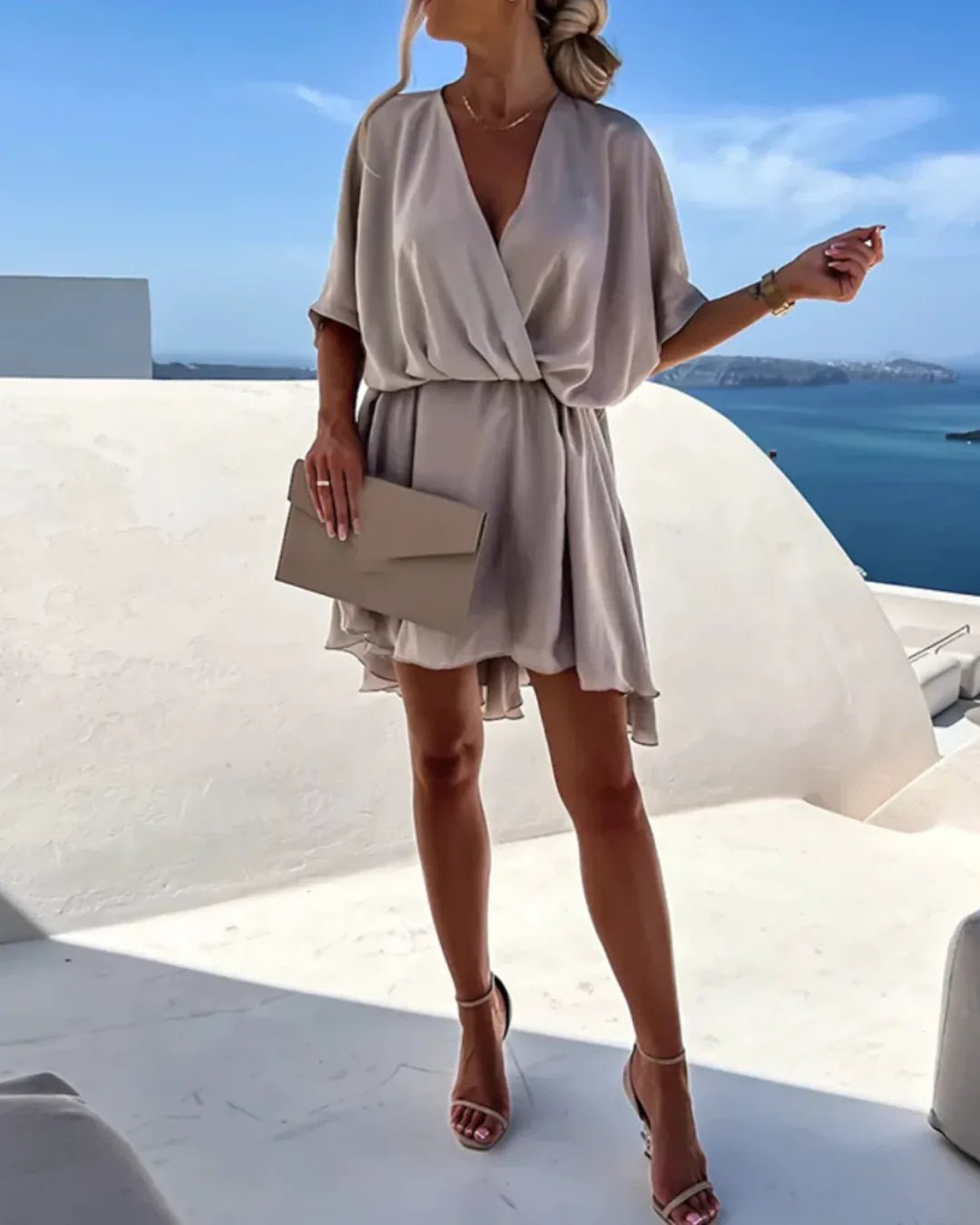 Iris | Elegant V - Neck Wrap Mini Dress - Light Gray - 1