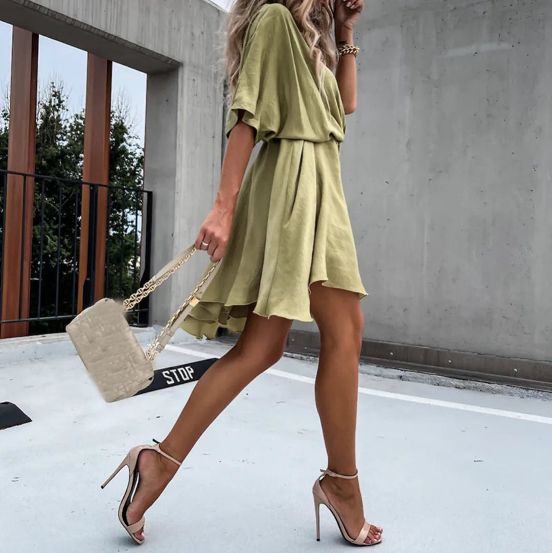 Iris | Elegant V - Neck Wrap Mini Dress - Light Green - 5