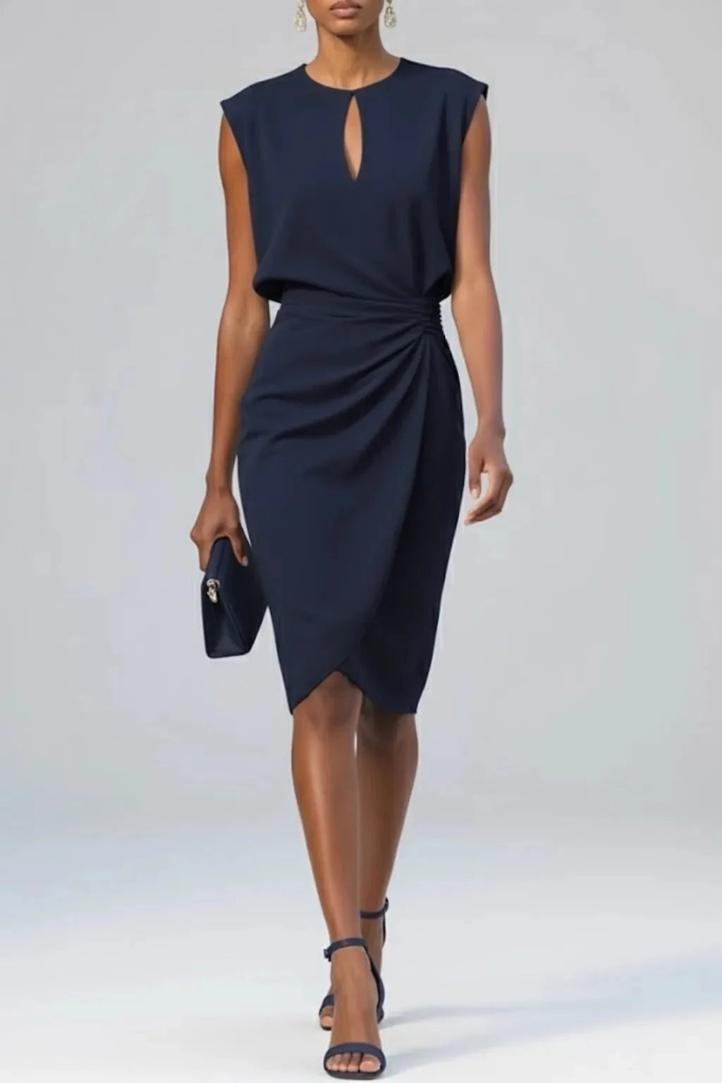 Navy Blue Women's Black Elegant Wedding Guest Keyhole Dress — Hannah Side Drape Cocktail - Front Pose
