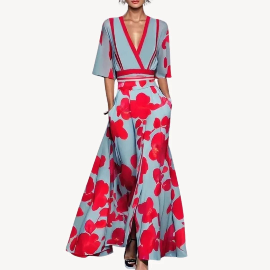 Margaret | Elegant V - Neck Wrap Maxi Dress With Contrast Trim - Light Blue - 3
