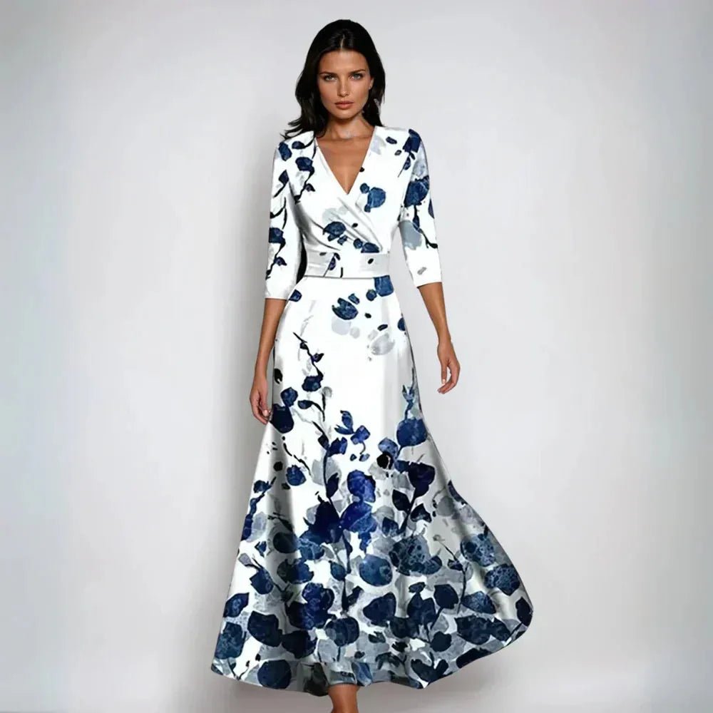 Amelia | Elegant Floral Wrap Maxi Dress with V - Neck - White - 2