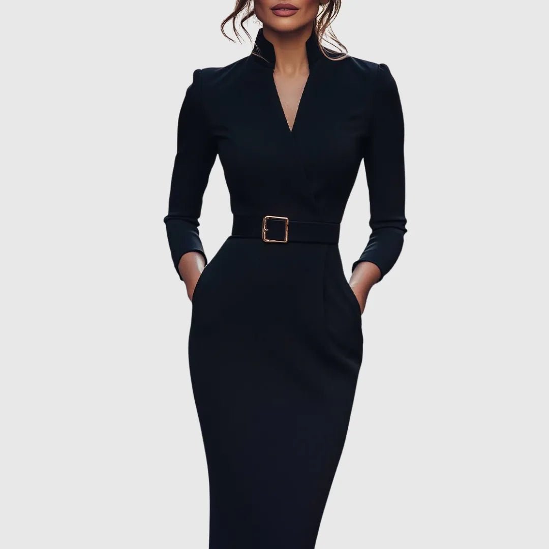 Elise | Elegant Black Wrap Midi Dress with Belt - Black - 1