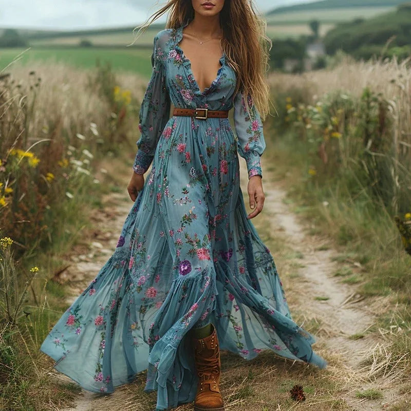 Blue Women's Embroidered Boho Maxi Dress — Francine Floral Tiered - Field Walking